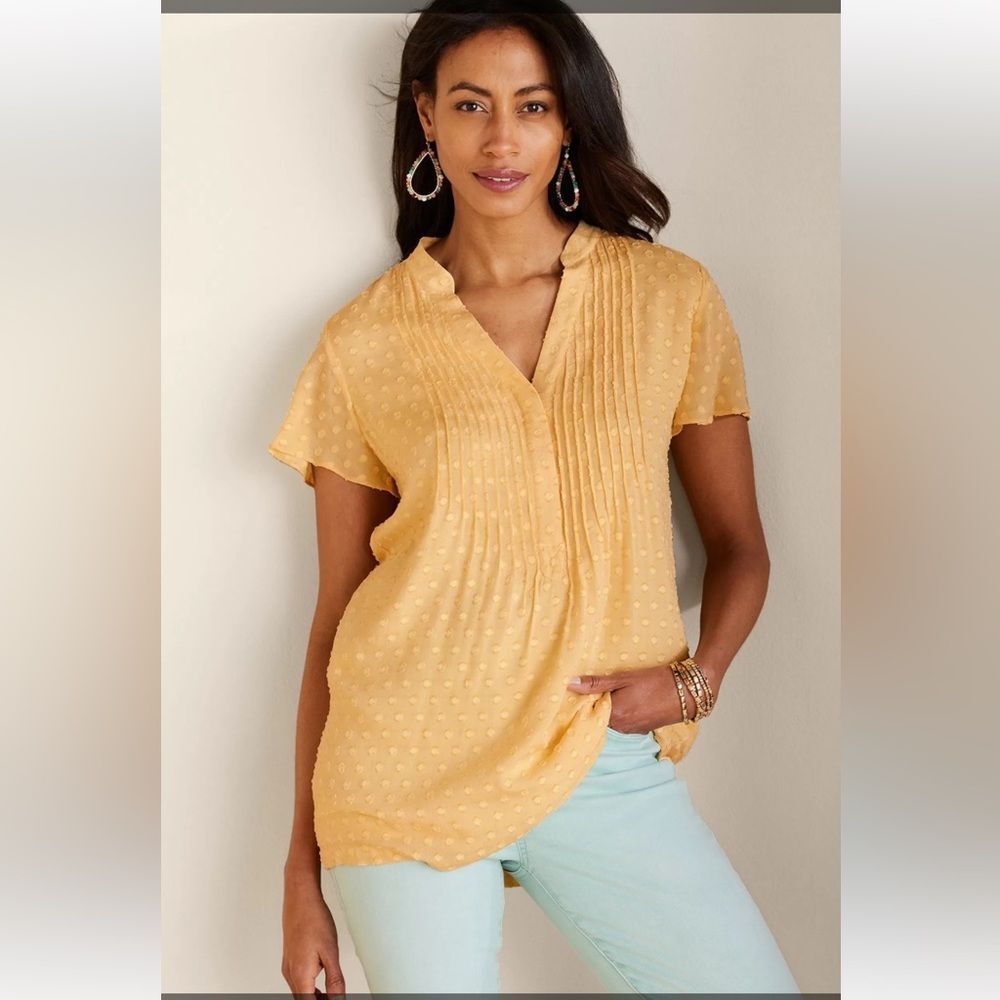 Soft Surroundings yellow short sleeve Swiss dot pullover ‘Offshore Top’ medium - Picture 3 of 13